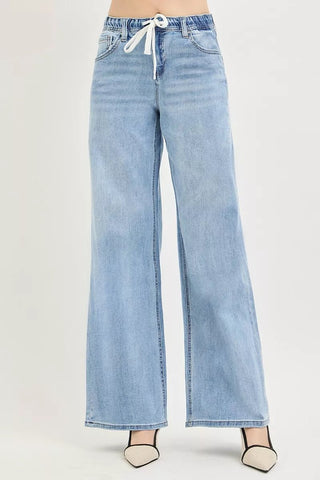 RISEN Elastic Band Slouchy Wide Jeans with Drawstring - A Roese Boutique