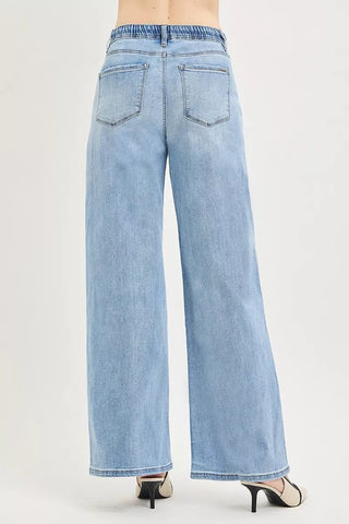 RISEN Elastic Band Slouchy Wide Jeans with Drawstring - A Roese Boutique