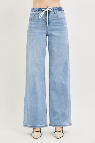 RISEN Elastic Band Slouchy Wide Jeans with Drawstring - A Roese Boutique