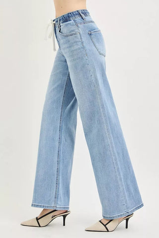 RISEN Elastic Band Slouchy Wide Jeans with Drawstring - A Roese Boutique