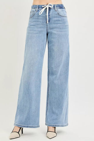 RISEN Elastic Band Slouchy Wide Jeans with Drawstring - A Roese Boutique