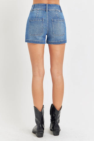 RISEN Full Size High Rise Patched Front Pocket Shorts Plus Size - A Roese Boutique