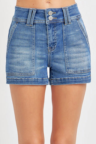 RISEN Full Size High Rise Patched Front Pocket Shorts Plus Size - A Roese Boutique
