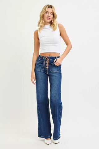 RISEN Full Size High Rise Wide Leg Jeans with Front Tie Detail Plus Size - A Roese Boutique