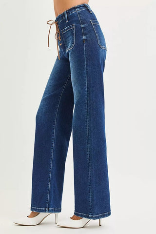 RISEN Full Size High Rise Wide Leg Jeans with Front Tie Detail Plus Size - A Roese Boutique