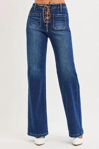 RISEN Full Size High Rise Wide Leg Jeans with Front Tie Detail Plus Size - A Roese Boutique