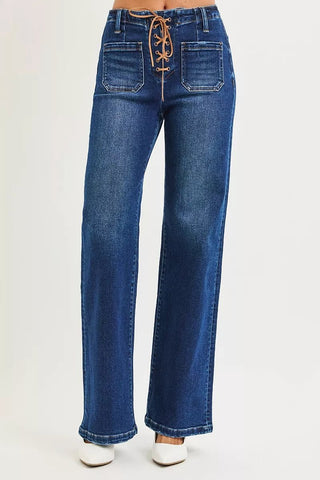 RISEN Full Size High Rise Wide Leg Jeans with Front Tie Detail Plus Size - A Roese Boutique