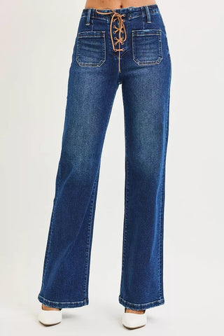 RISEN Full Size High Rise Wide Leg Jeans with Front Tie Detail Plus Size - A Roese Boutique