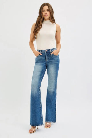 RISEN Full Size Tummy Control High Rise Flare Jeans Plus Size - A Roese Boutique