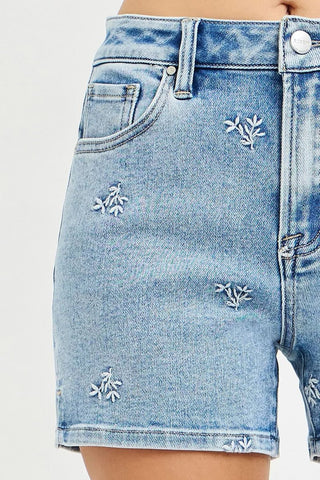 RISEN High Rise Denim Shorts with Embroidered Detail - A Roese Boutique