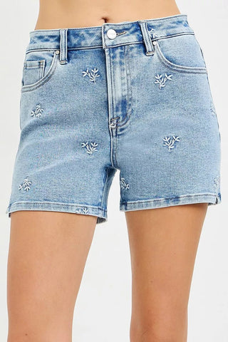 RISEN High Rise Denim Shorts with Embroidered Detail - A Roese Boutique