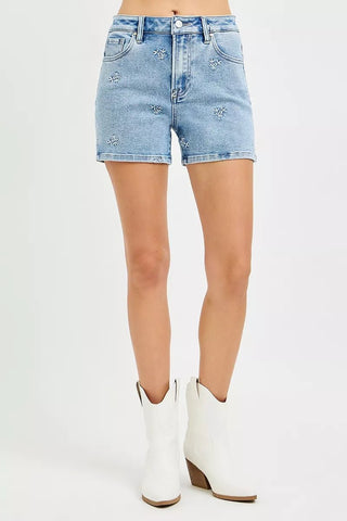 RISEN High Rise Denim Shorts with Embroidered Detail - A Roese Boutique