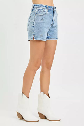 RISEN High Rise Denim Shorts with Embroidered Detail - A Roese Boutique
