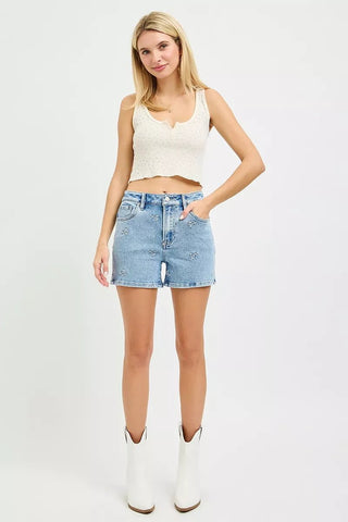 RISEN High Rise Denim Shorts with Embroidered Detail - A Roese Boutique
