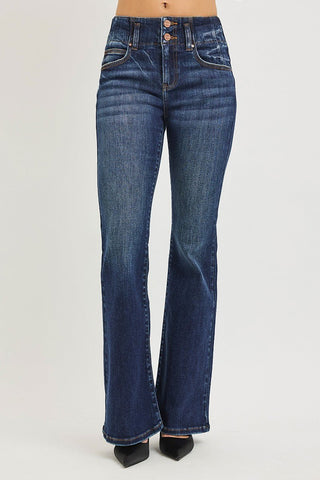 RISEN High Rise Flare Jeans With Seam Detail Waistband - A Roese Boutique