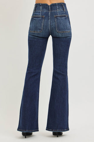 RISEN High Rise Flare Jeans With Seam Detail Waistband - A Roese Boutique