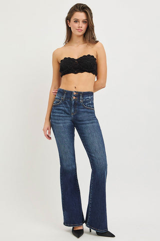 RISEN High Rise Flare Jeans With Seam Detail Waistband - A Roese Boutique