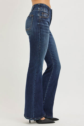 RISEN High Rise Flare Jeans With Seam Detail Waistband - A Roese Boutique