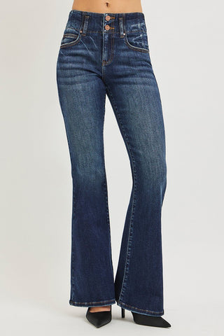 RISEN High Rise Flare Jeans With Seam Detail Waistband - A Roese Boutique