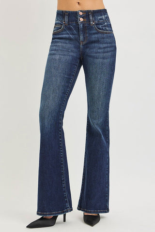 RISEN High Rise Flare Jeans With Seam Detail Waistband - A Roese Boutique
