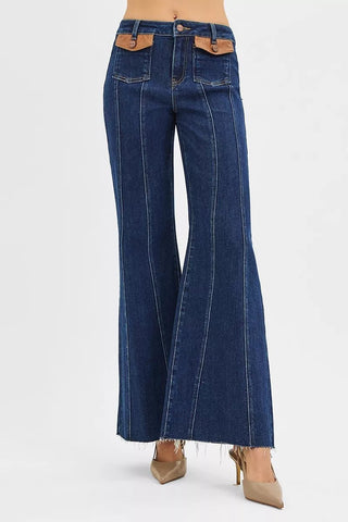 RISEN High Rise Wide Flare Jeans with Front Leather Pocket Detail - A Roese Boutique