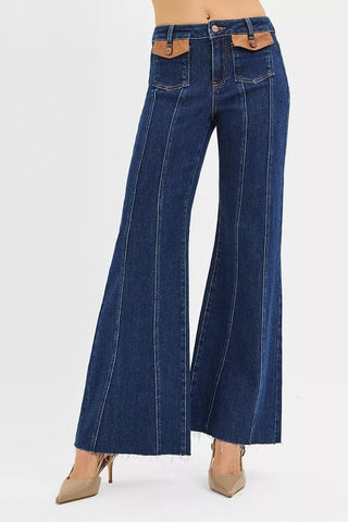 RISEN High Rise Wide Flare Jeans with Front Leather Pocket Detail - A Roese Boutique