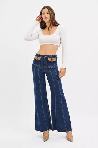 RISEN High Rise Wide Flare Jeans with Front Leather Pocket Detail - A Roese Boutique