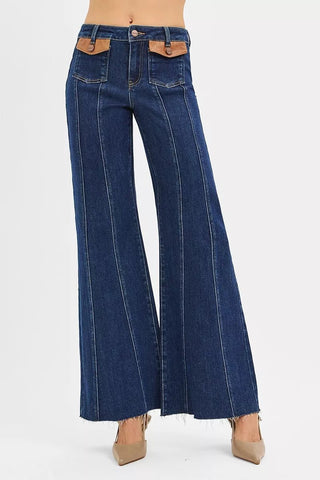 RISEN High Rise Wide Flare Jeans with Front Leather Pocket Detail - A Roese Boutique