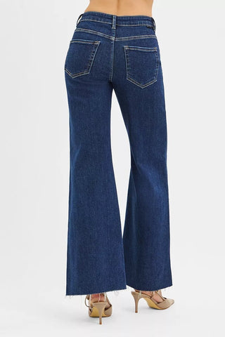 RISEN High Rise Wide Flare Jeans with Front Leather Pocket Detail - A Roese Boutique