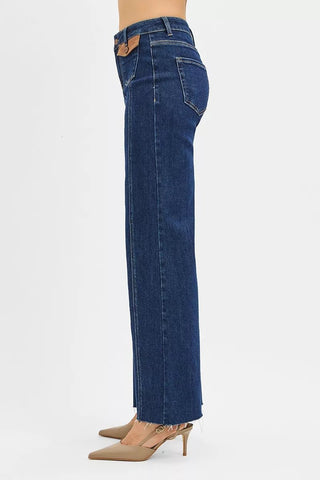 RISEN High Rise Wide Flare Jeans with Front Leather Pocket Detail - A Roese Boutique