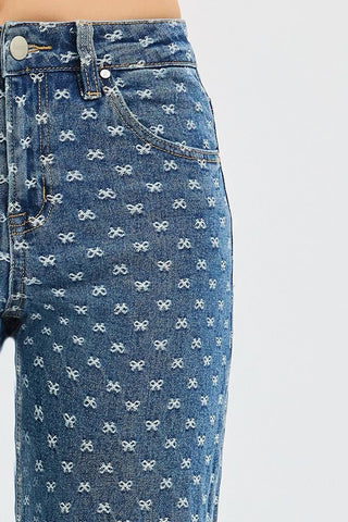 RISEN High Rise Wide Leg Bow Embroidered Jeans - A Roese Boutique