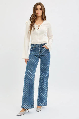 RISEN High Rise Wide Leg Bow Embroidered Jeans - A Roese Boutique