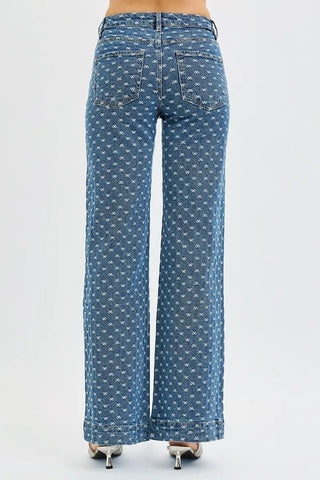 RISEN High Rise Wide Leg Bow Embroidered Jeans - A Roese Boutique