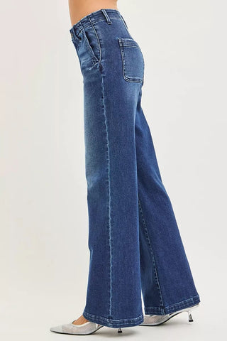 RISEN High Rise Wide Leg Slanted Pocket Jeans - A Roese Boutique