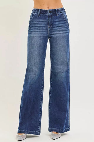 RISEN High Rise Wide Leg Slanted Pocket Jeans - A Roese Boutique