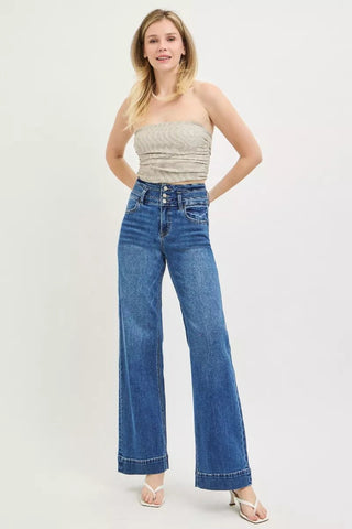 RISEN High Rise Wide Leg Wide Band Detail Jeans - A Roese Boutique