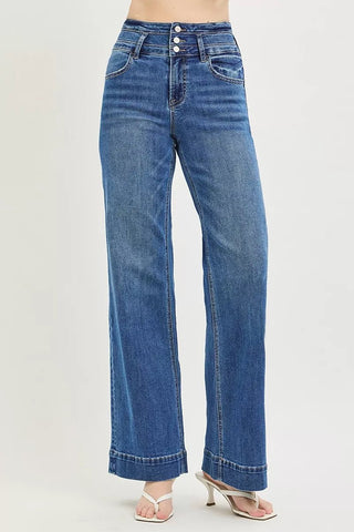 RISEN High Rise Wide Leg Wide Band Detail Jeans - A Roese Boutique