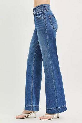 RISEN High Rise Wide Leg Wide Band Detail Jeans - A Roese Boutique