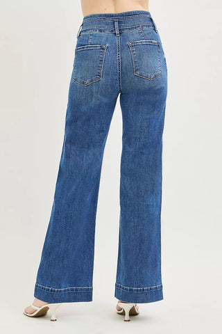 RISEN High Rise Wide Leg Wide Band Detail Jeans - A Roese Boutique