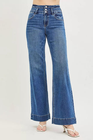 RISEN High Rise Wide Leg Wide Band Detail Jeans - A Roese Boutique