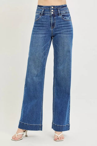 RISEN High Rise Wide Leg Wide Band Detail Jeans - A Roese Boutique