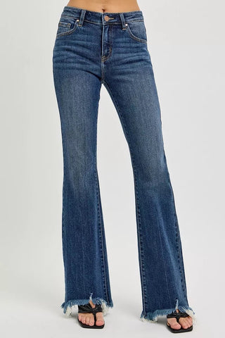 RISEN Mid Rise Flare Frayed Hem Jeans - A Roese Boutique