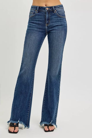RISEN Mid Rise Flare Frayed Hem Jeans - A Roese Boutique