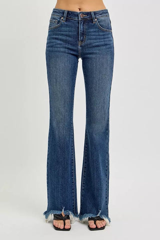 RISEN Mid Rise Flare Frayed Hem Jeans - A Roese Boutique