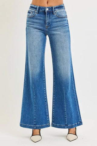 RISEN Mid Rise Wide Leg Jeans with Flared Look - A Roese Boutique