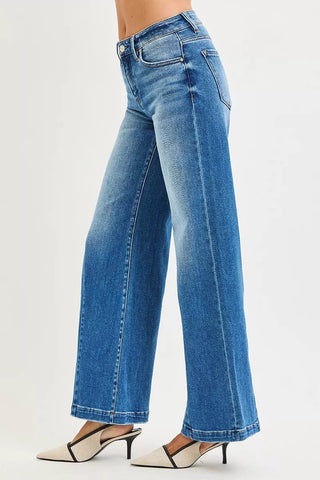 RISEN Mid Rise Wide Leg Jeans with Flared Look - A Roese Boutique
