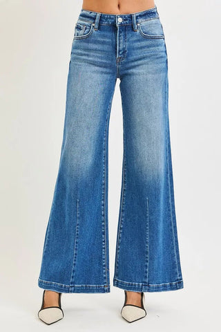 RISEN Mid Rise Wide Leg Jeans with Flared Look - A Roese Boutique
