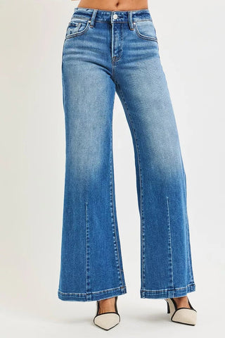 RISEN Mid Rise Wide Leg Jeans with Flared Look - A Roese Boutique