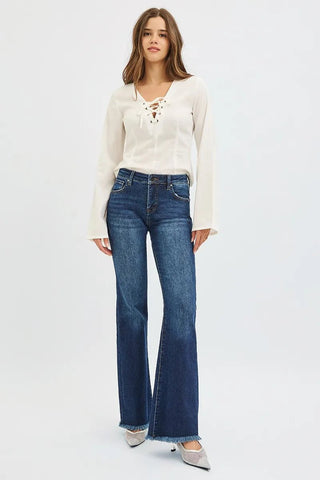 RISEN Tummy Control Mid Rise Flare Jeans - A Roese Boutique