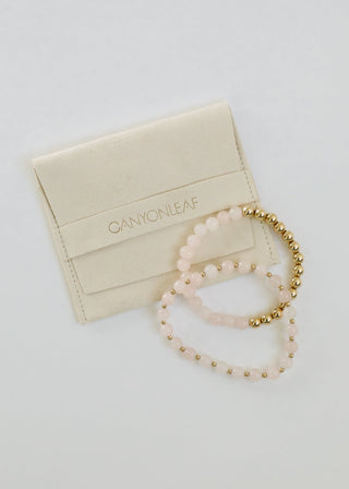 Rose Quartz : 14k Gold Filled Sun + Moon || Stretch Bracelets - A Roese Boutique